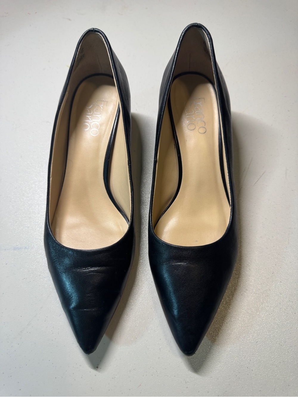 Franco Sarto Black leather Pointed Toe Mid Block Heel Pumps